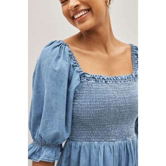 GAP Puff Sleeve Square Neck Denim Midi Dress Women's XXL Medium Wash New with Ta - Picture 4 of 8